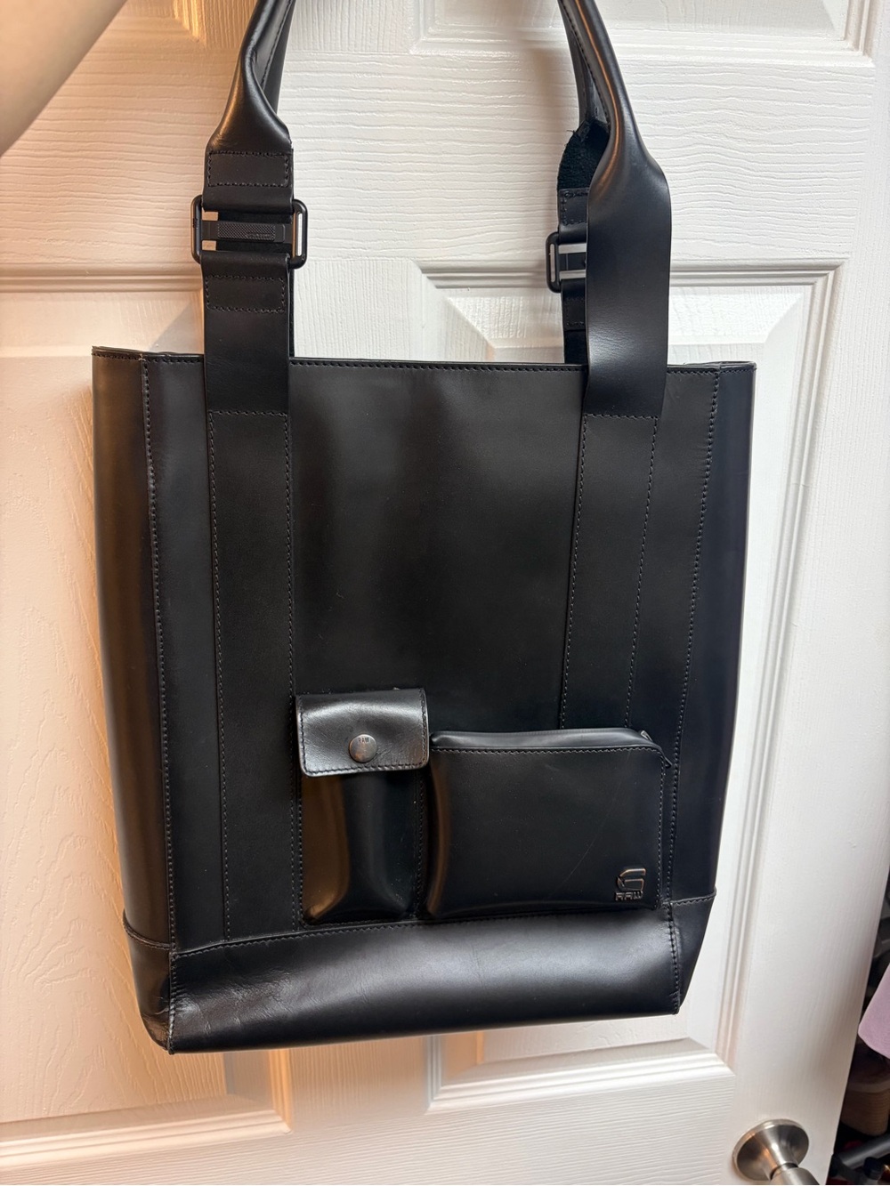 G-Star Black Leather Laptop Tote with Front Utility Pockets